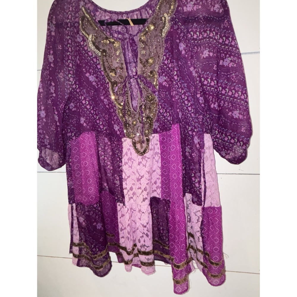 Free People Whimsical Purple Patchwork Boho  Top S/M